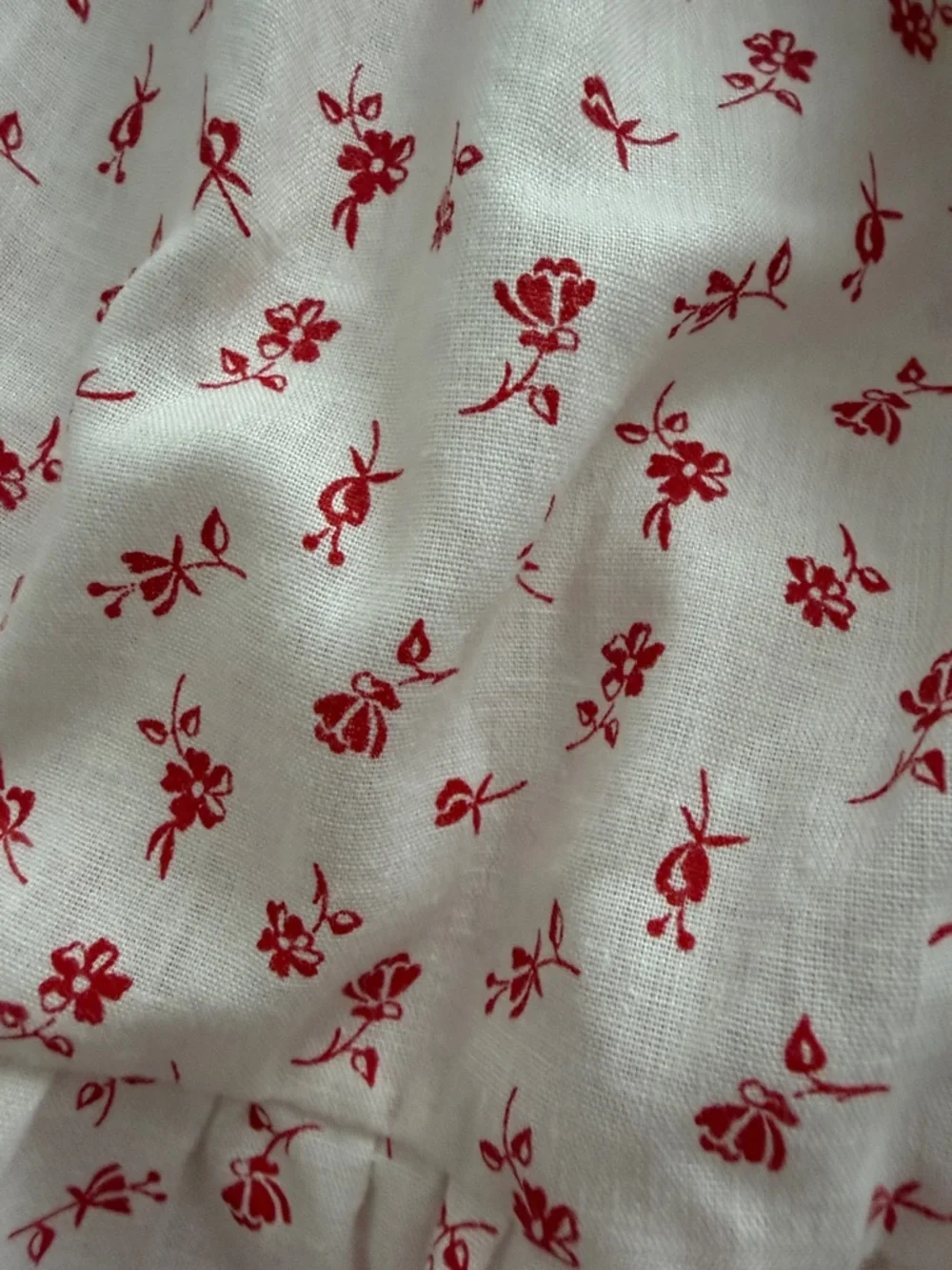 Vintage-Inspired White Dress with Red Floral Print and Lace Collar